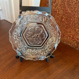 Vintage Indiana Glass Clear Pressed-Glass Hexagon Bowl, "Sandwich" Patterns